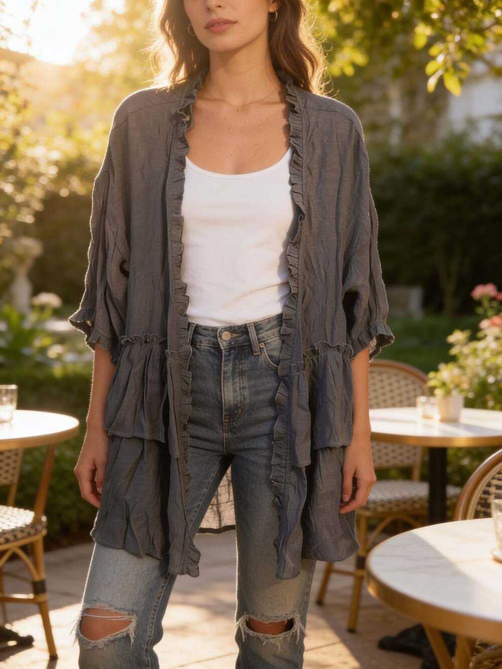 Easel Tencel Ruffled Kimono Size L Gray Cardigan